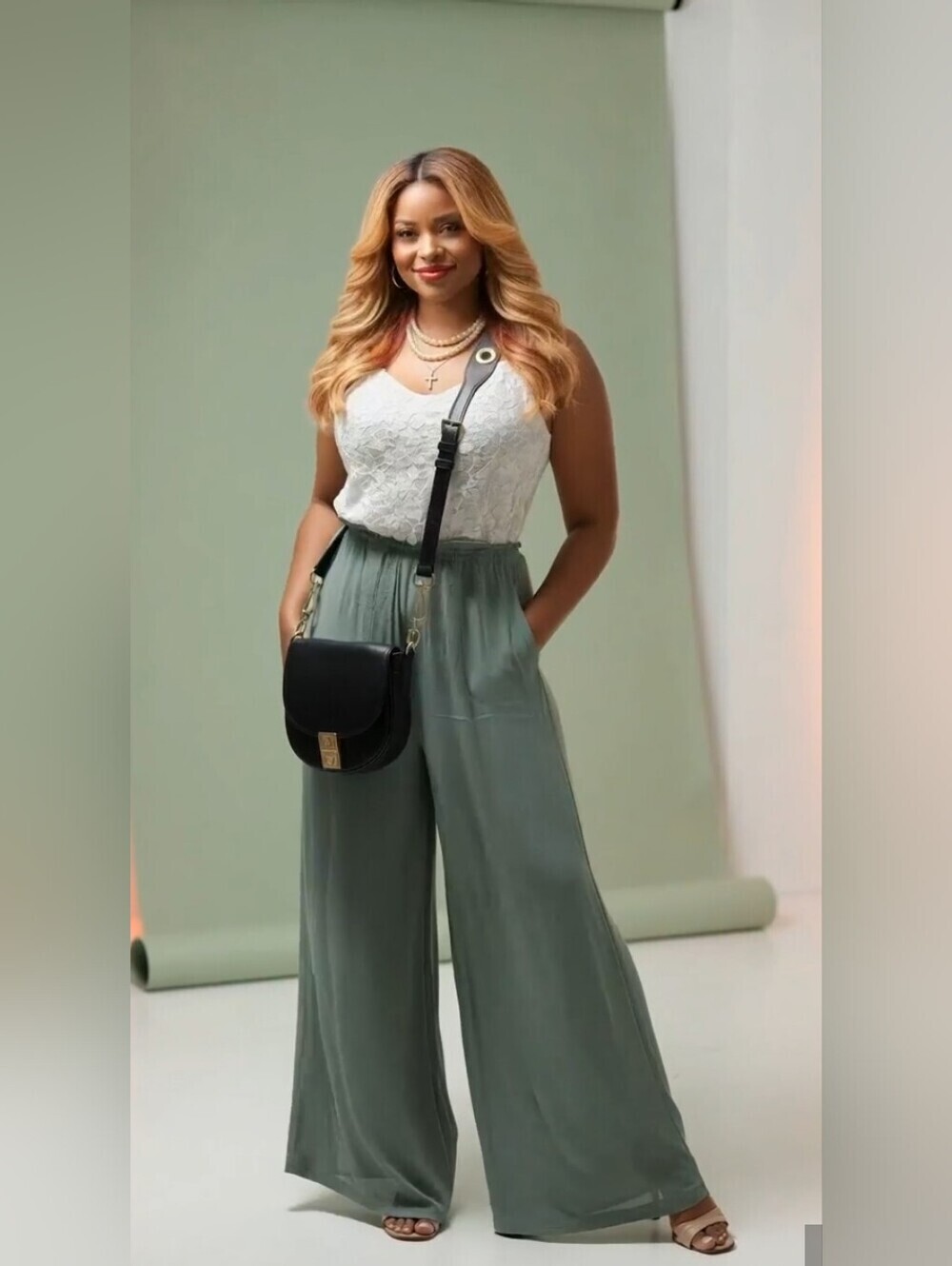 Rue21 White Crochet Lace Top Sage Green Wide Leg Pants Size XL